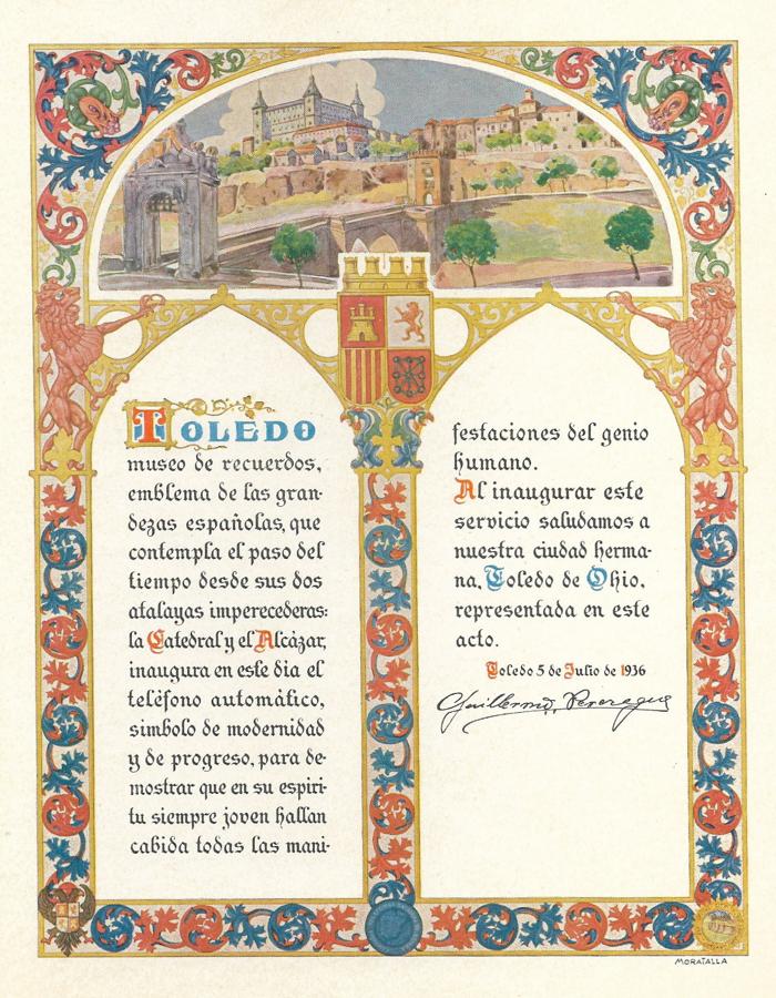 Pergamino de la inauguración de la central automática de Toledo el 5 de julio de 1936. ARCHIVO PARTICULAR LUIS ALBA. 