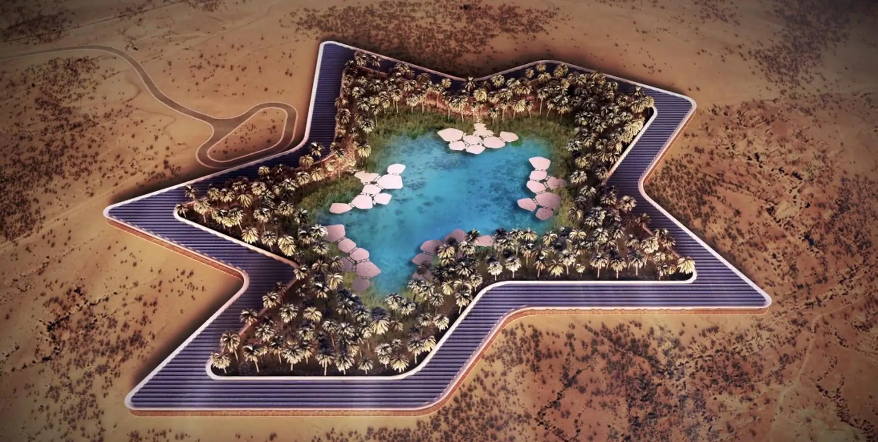 El diseño de las instalaciones simula la forma de una estrella en pleno desierto.