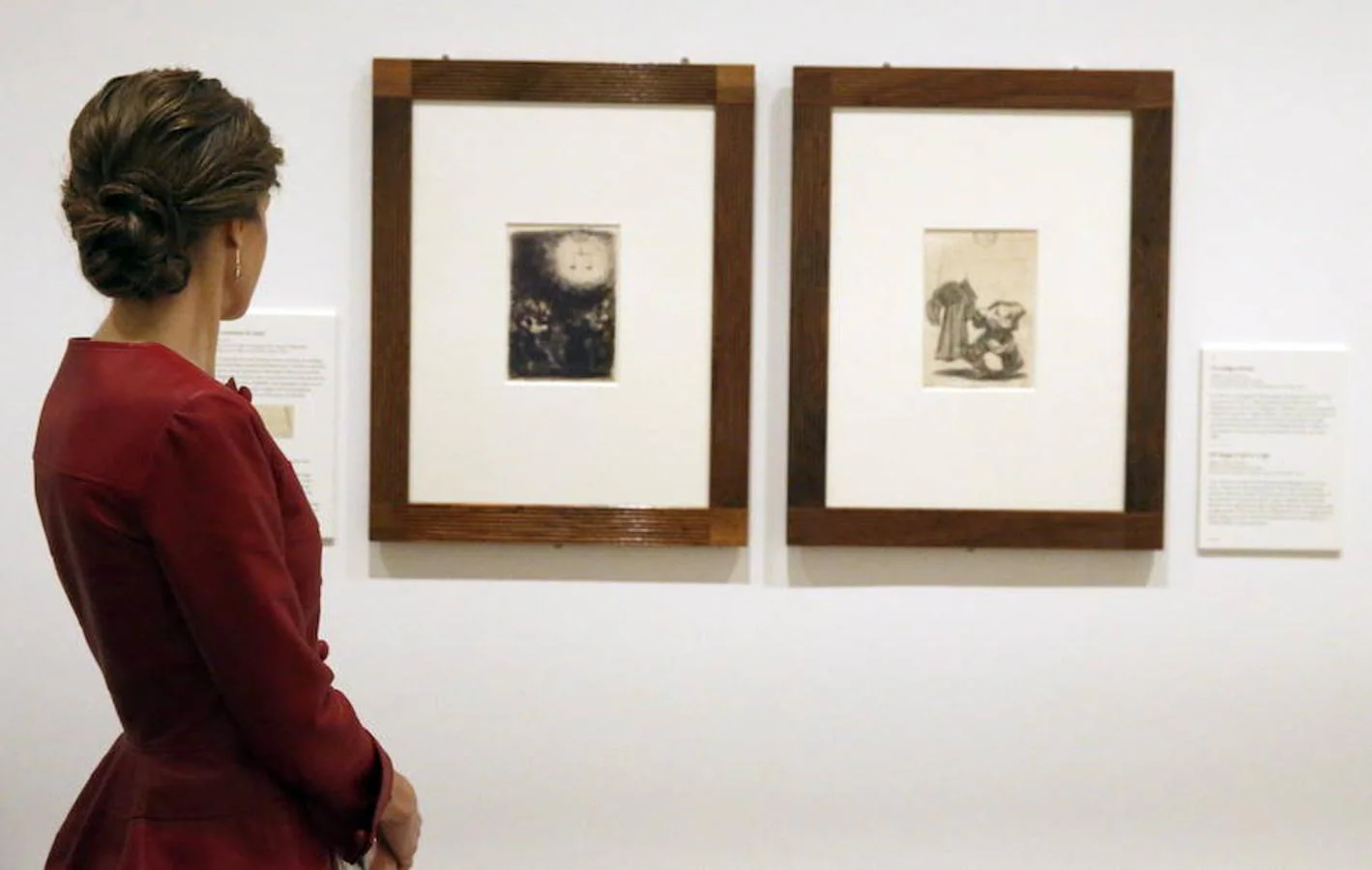 La Reina Letizia observa unos dibujos de Goya en la inauguración del Centro Botín, el nuevo centro de arte que pone en marcha la Fundación Botín bajo un diseño de Renzo Piano y sobre la bahía de Santander.. Efe