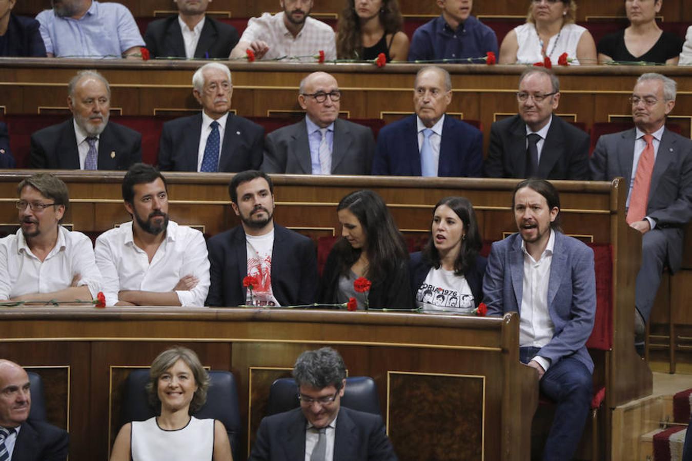 Los diputados de Unidos Podemos, sentados en su butaca exhibiendo un clavel rojo por los héroes que lucharon contra la dictadura