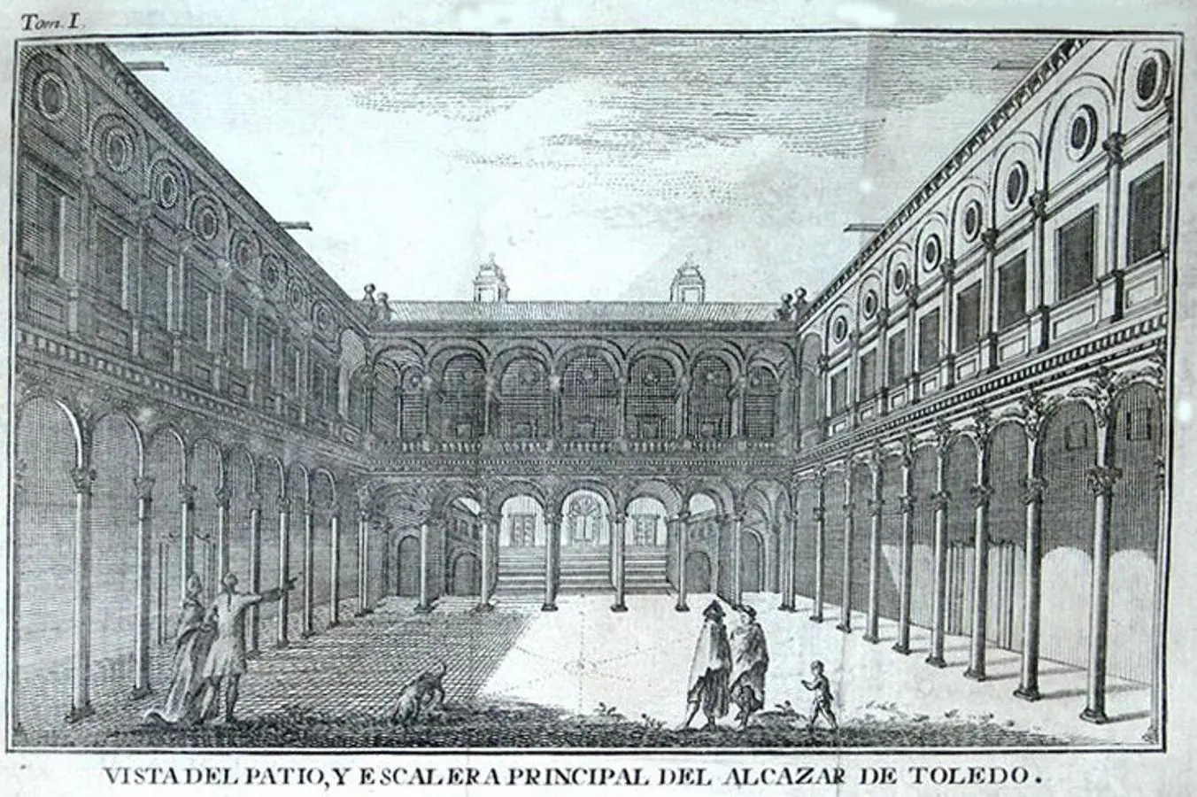 Calcografía del patio del Alcázar en la obra de Antonio Ponz (1787). Sobre la cubierta meridional de la escalera imperial destacan dos chimeneas