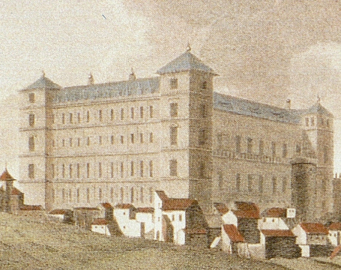 Detalle del exterior del Alcázar con los salientes conductos de humos, según el dibujo de H. Swimburne llevado a un aguafuerte en 1799. Archivo Municipal de Toledo. 