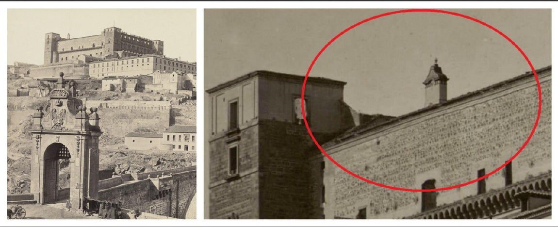 Fotografía de Charles Clifford hacia 1858. Detalle ampliado de la chimenea cercana al torreón SE. 