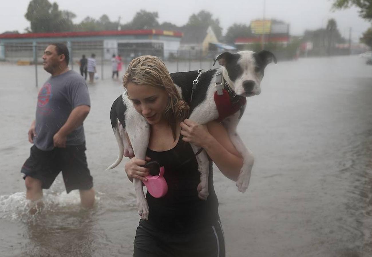 Una mujer lleva a su perro a hombros porque han sido evacuados. 