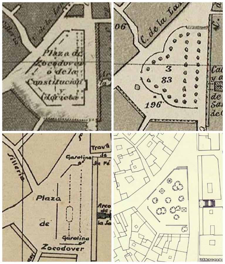 La plaza de Zocodover en los planos de 1858, 1882, 1926 y 1990. Archivo Municipal de Toledo.. 