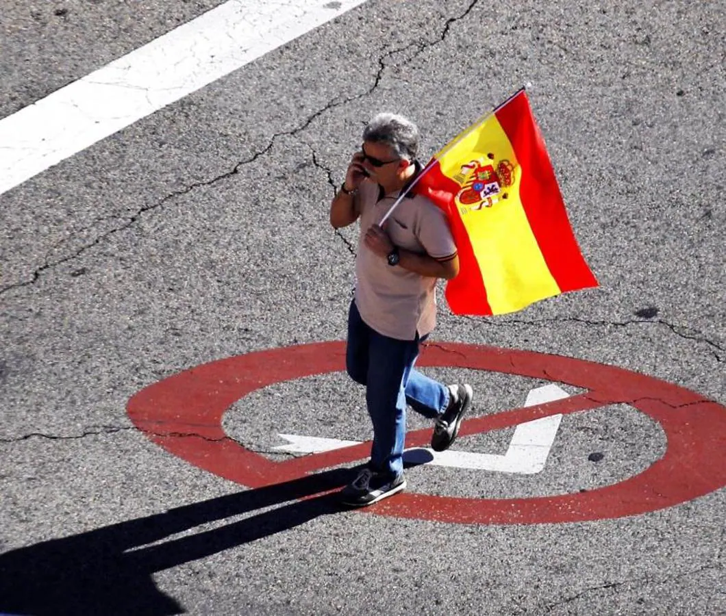 Uno de los manifestantes llega a la Plaza de Colón, para la manifestación en defensa de la unidad de España. 