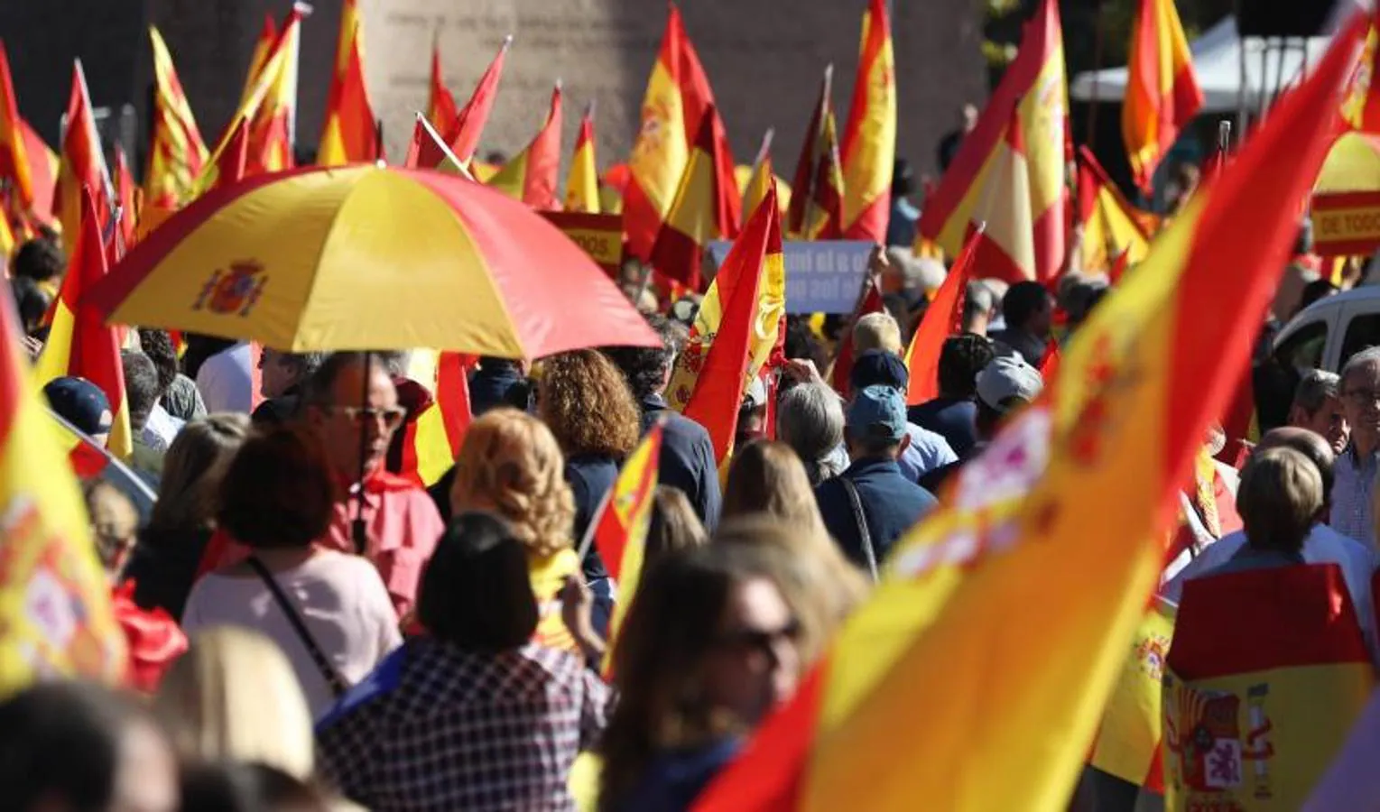 Miles de personas se han concentrado en la plaza de Colón de Madrid, ataviados con numerosas banderas de España, para defender la unidad de España y la Constitución. 