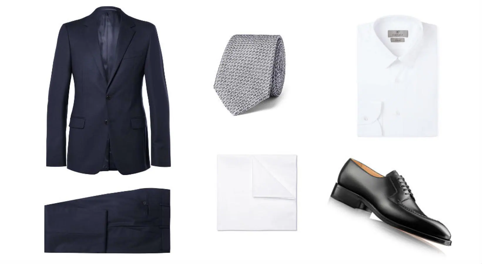 Look con traje inspirado en 'Suits'. Traje en azul marino (Precio: 1820 euros), camisa blanca de Canalli (Precio: 225 euros), corbata en tonos grises de Lanvin (Precio: 105 euros), zapatos negros de Louis Vuitton (Precio: 1150 euros) y pañuelo de Brunello Cuccinelli (Precio: 90 euros).
