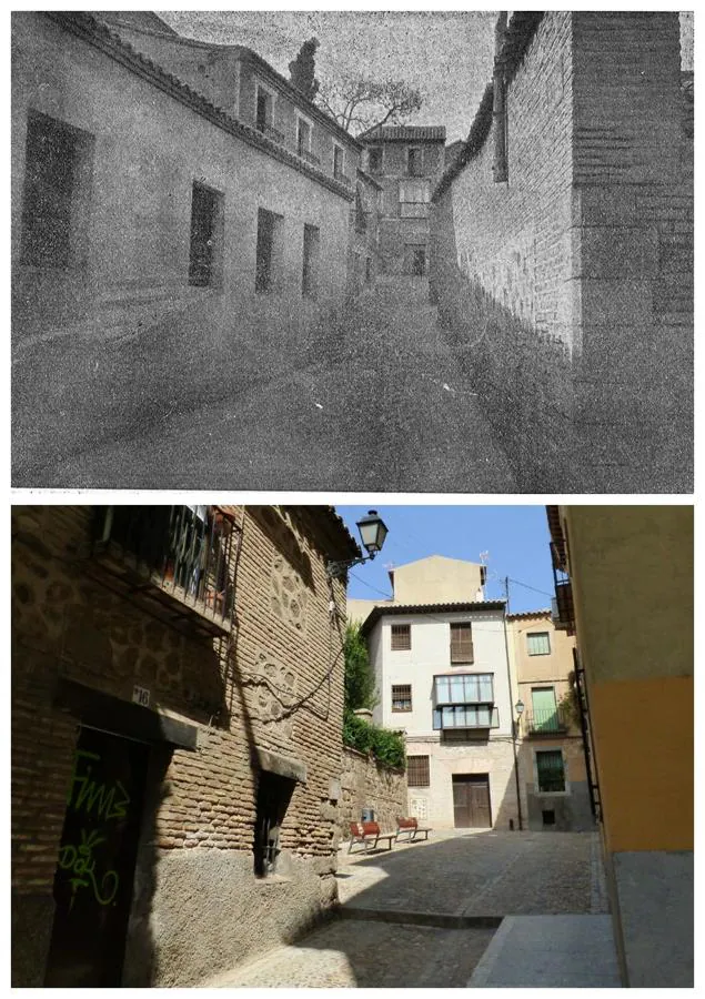 Calle de San Miguel de los Ángeles (El Castellano Gráfico, mayo 1924). A la izquierda la casa donde falleció Juan de Mariana. El mismo lugar en 2017. Foto Rafael del Cerro. 