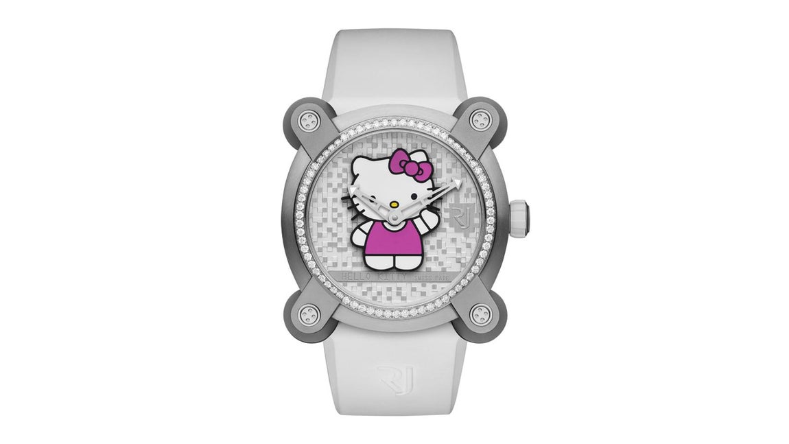 RJ X Hello Kitty. El reloj RJ X Hello Kitty, equipado con un movimiento mecánico de cuerda automática Swiss Made, ofrece un confort máximo en la muñeca gracias a sus asas articuladas, sistema excepcional y único de RJ.La colección destaca las personalidades de Hello Kitty interpretadas en diferentes modelos: brillante con el lacado y el bisel pulido, deslumbrante con un bisel engastado, o resplandeciente con diamantes y zafiros rosas. Cada modelo está disponible en edición limitada de 76 piezas, para celebrar el año del lanzamiento internacional del personaje de Hello Kitty