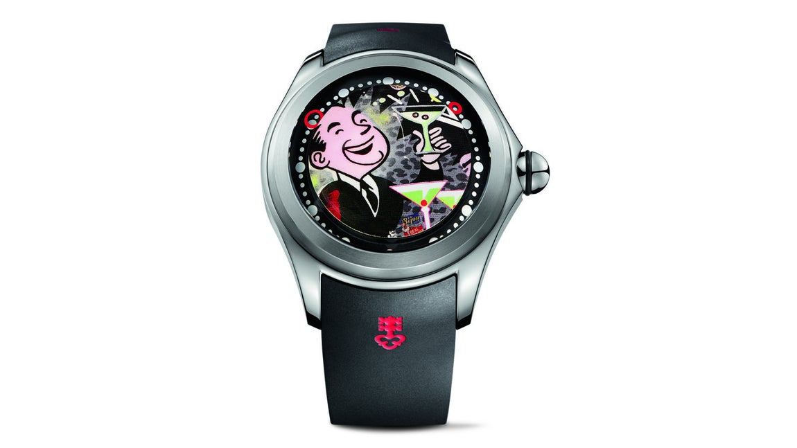 Bubble Big Magical Pop De la Nuez. De La Nuez está incluido en la lista de los artistas más cotizados de nuestra época («Who's Who List of the Most Collected Artists of Our Time») y ha colaborado con conocidas marcas de lujo en diversos sectores, incluyendo los viajes, la decoración de interiores y la moda.Corum ha confiado al rey del Pop Art la creación de una nueva colección, permitiendo que sus relojes Bubble se conviertan en arte
