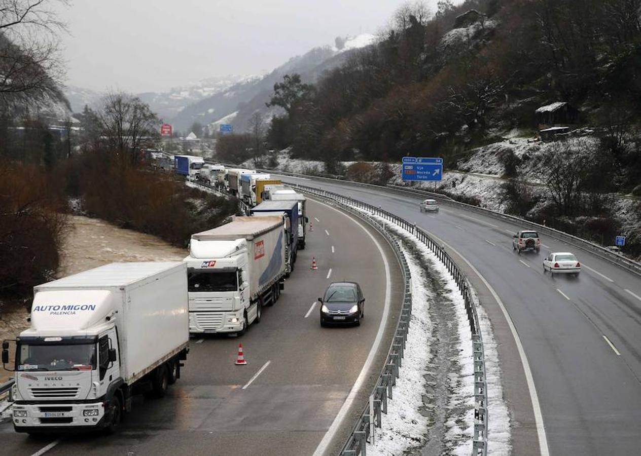 Numerosos camiones retenidos en las proximidades de Pola de Lena (Asturias), donde el temporal de nieve ha obligado a cerrar totalmente al tráfico la autopista del Huerna (AP-66). 