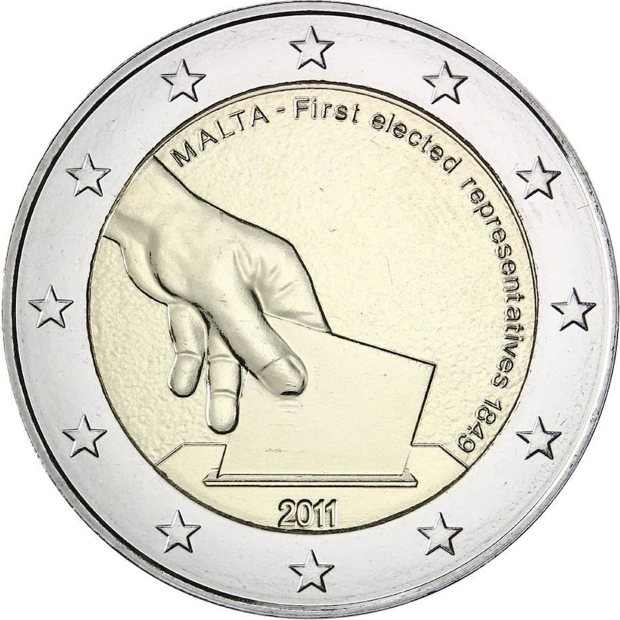 Malta (2011): se trata de una moneda conmemorativa de las primeras elecciones en 1849. Su valor se ha multiplicado por 20 en tan sólo 6 años y ahora su precio ronda los 20 euros. Se acuñaron 430.000 ejemplares.. 