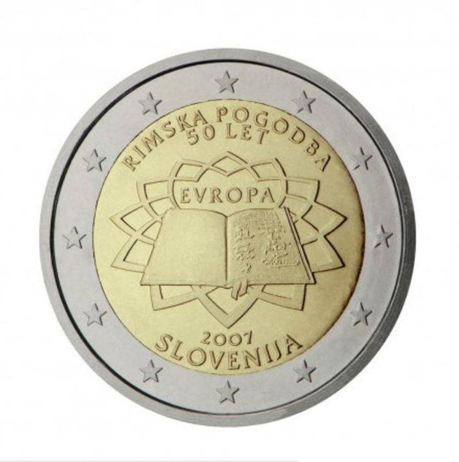 Eslovenia (2007): esta moneda con el Tratado de Roma como motivo se acuñó en todos los países del Eurogrupo, pero la de Eslovenia se revalorizó en poco tiempo hasta llegar a los 40 euros.. 