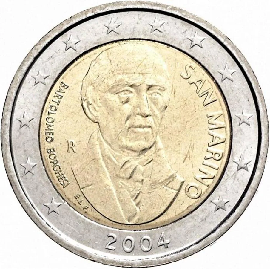 San Marino (2004): Aunque este país no forma parte de la Unión Europea sí se adhirió al euro. La moneda que San Marino acuñó en 2004 para homenajear al historiador Bartolomeo Borghesi ha alcanzado en la actualidad un precio de 190 euros.. 