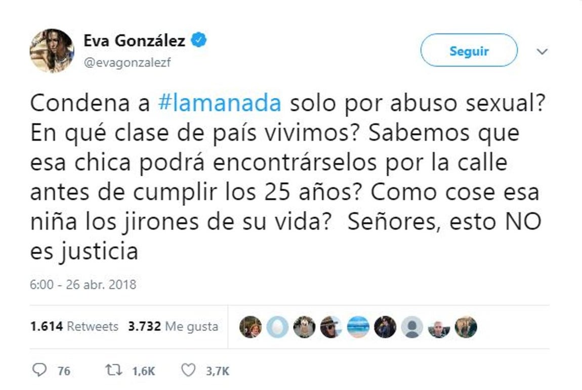 Eva González. La modelo y presentadora de televisión no entiende cómo se ha condenado solo por abuso y no por violación.