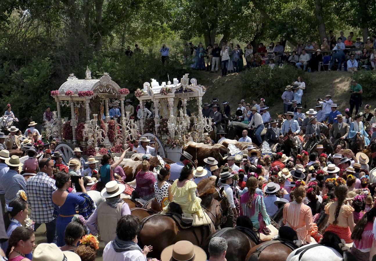 Las carretas del Salvador y del Viso del Alcor cruzando juntas por el Quema