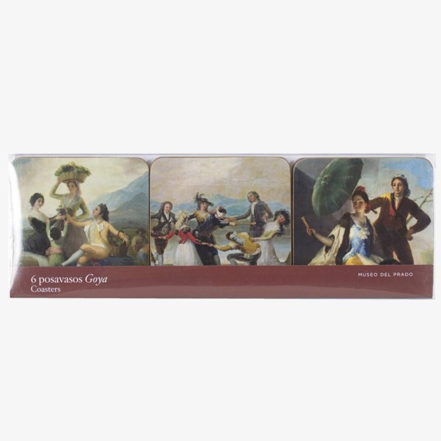 Posavasos de Goya. Set de seis posavasos que reproduce detalles de varias obras de Francisco de Goya como: «Perros en traílla» (1775), «El quitasol» (1777), «La vendimia», o «El otoño» (1786) y «Niños con perros de presa» (1786). A la venta en la tienda del Museo del Prado (<a href="http://www.tiendaprado.com">http://www.tiendaprado.com</a>) por 9 euros