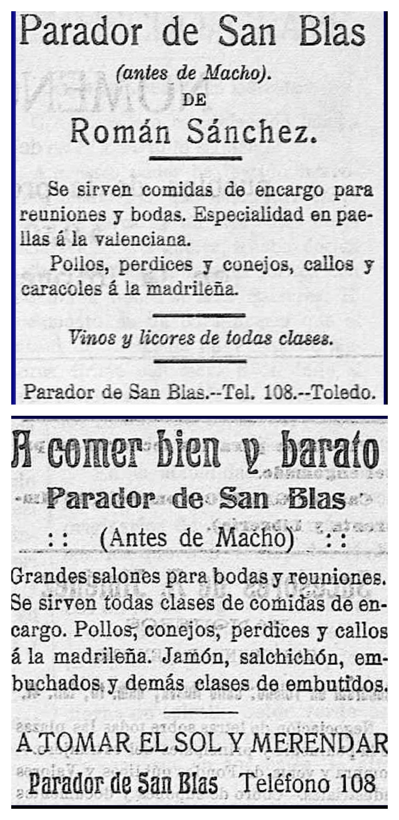 Anuncios del Parador de Macho, en San Blas, en la prensa toledana de 1914. 