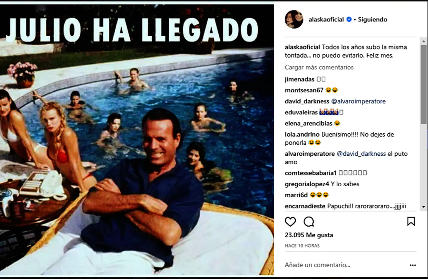 Alaska. La cantante y mujer de Mario Vaquerizo comparte como cada año una imagen del cantante Julio Iglesias en su perfil de Instagram para dar la bienvenida a uno de los meses más calurosos.