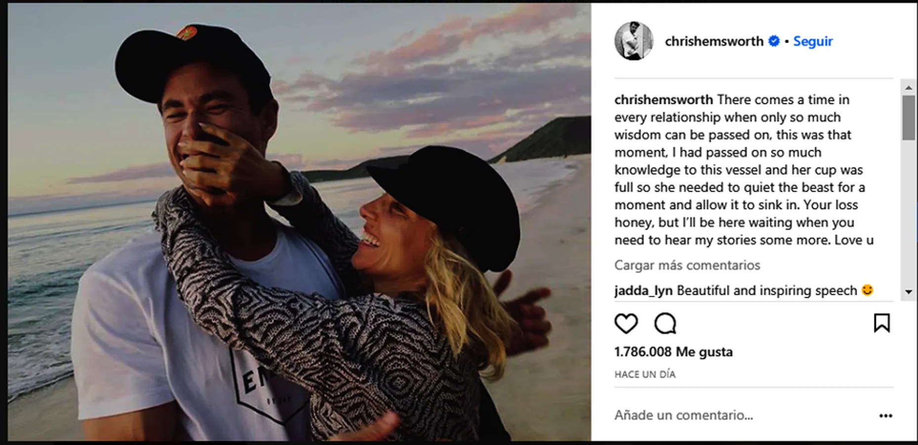 Chris Hemsworth, entrañables imágenes. El actor comparte una imagen con su esposa, Elsa Pataky . En ella podemos ver a la pareja disfrutando de unos días en la playa y compartiendo momentos de risas juntos.