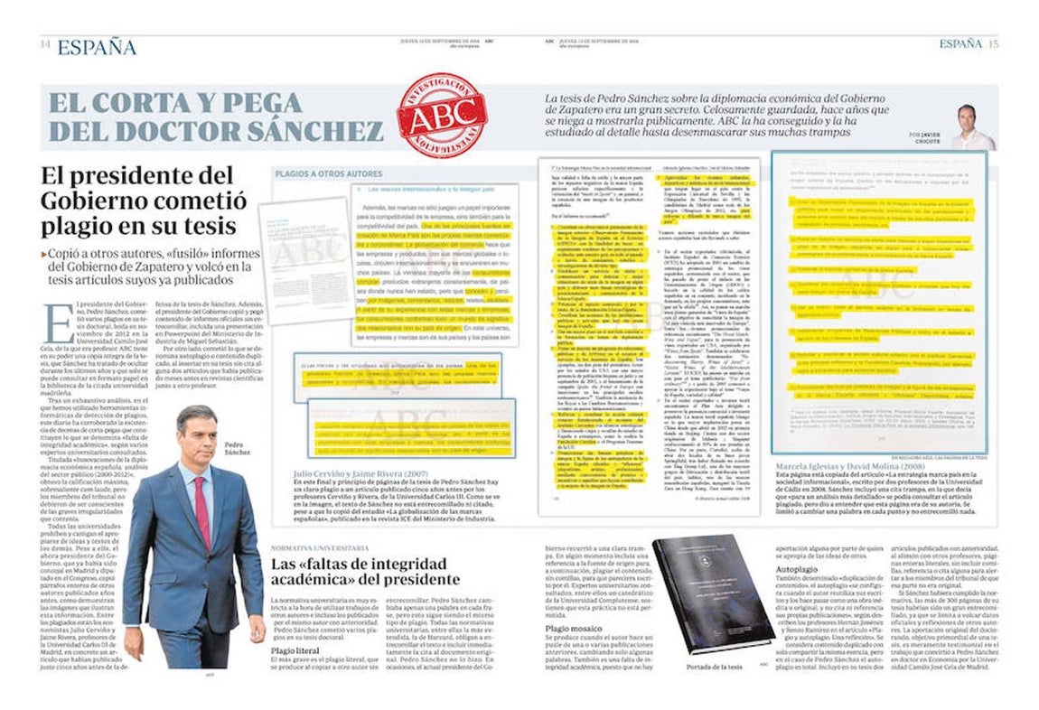 Ni comillas, ni citas. Tras analizarla al detalle, ABC desvela decenas de corta-pegas en la tesis de Pedro Sánchez: autoplagios y copias sin citar ni entrecomillar de autores como Julio Cerviño y Jaime Rivera.