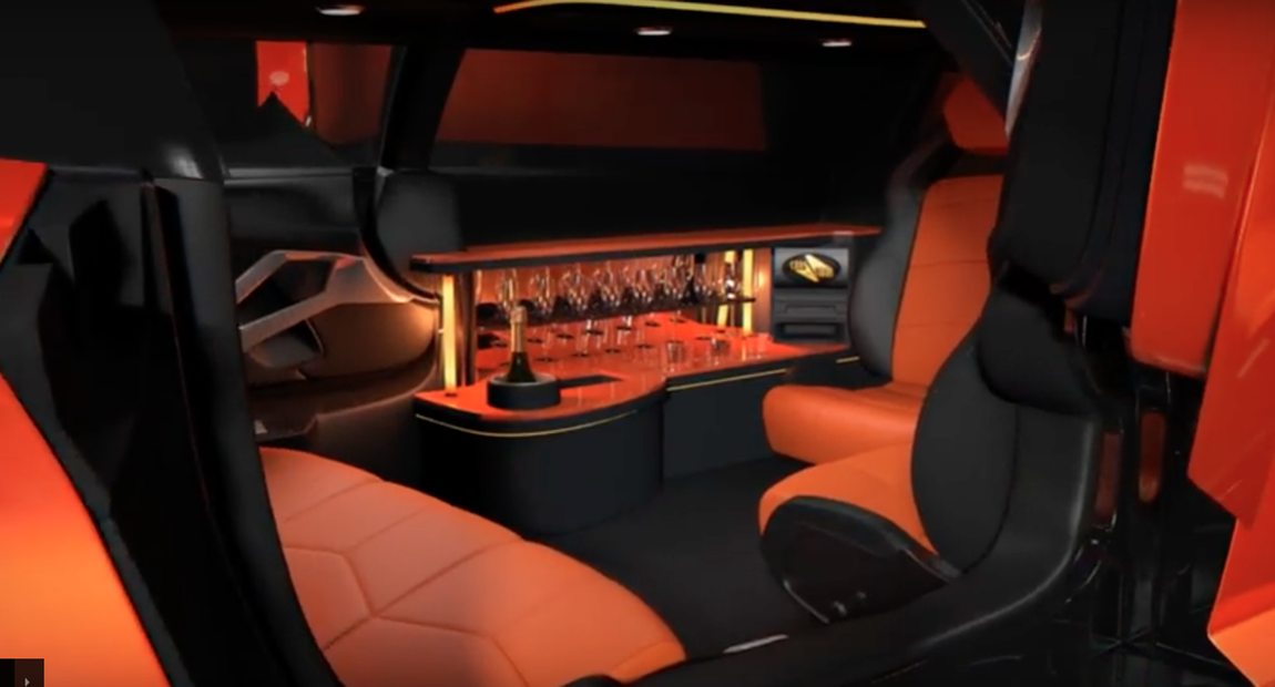 Lamborghini Aventador Limo. De lo que no cabe duda, vistas las imágenes, en las que se aprecia hasta una barra para tomar copas, es de lo llamativo que resultaría este vehículo, con el característico color naranja, marca de la casa italiana. Sin olvidar las impresionantes especificaciones técnicas que ofrecen sus súper deportivos, que los diseñadores del concept no dudan en poder trasladar a la limusina, para la que han pensado en un motor V12 de 6,5 litros y unos 700 cv