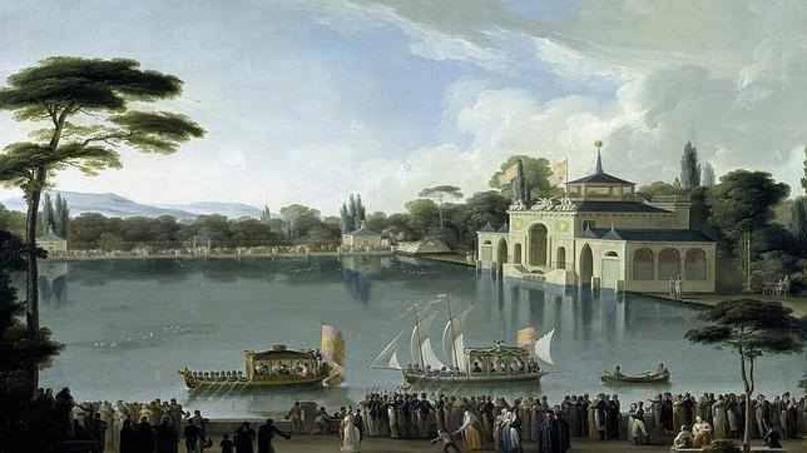 1.. La obra de José Ribelles ilustra las naumaquias que Felipe IV comenzó a celebrar en el Estanque Grande del Retiro para entretener a su esposa, la reina Mariana de Austria, durante su embarazo del príncipe Felipe Próspero