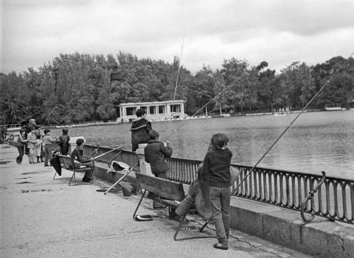 26.. 15 de octubre de1979. Domingo de pesca en el Retiro. En la imagen, un momento de la competición de pesca que se celebró en el estanque, exclusivamente para niños y personas de la Tercera Edad, programada por el Ayuntamiento con motivo de las fiestas del distrito de Salamanca