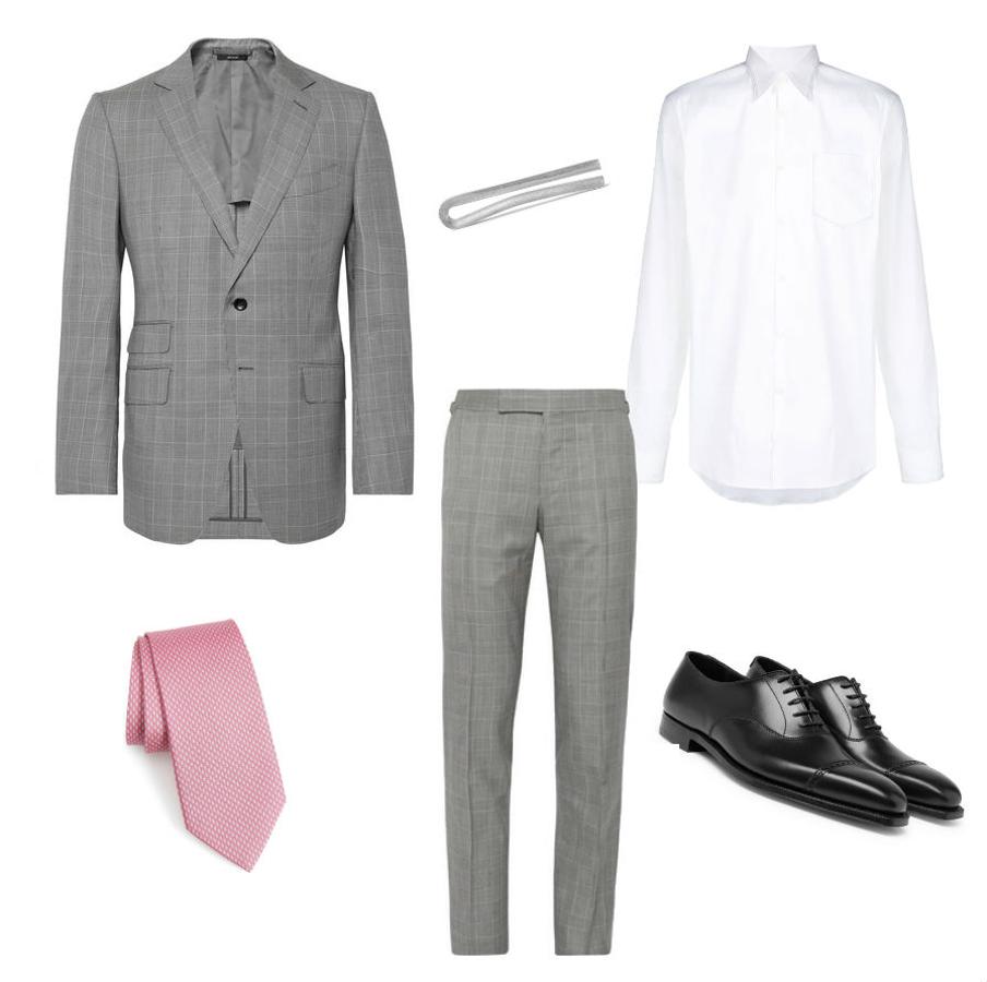 Look con traje y jersey para la cena de empresa. ¿Lo tuyo es el estampado Príncipe de Gales? Entonces aprovecha a llevar un traje con este clásico dibujo en tonos grises como el que firma Tom Ford (Precio: 3.620 euros la americana y 1.020 euros el pantalón). Para generar contraste, juega con el color rosa gracias a esta corbata de Salvatore Ferragamo (Precio: 177,54 euros) y el pasador de Alice Made this (Precio: 220 euros) y termina con dos clásicos, una camisa blanca de Prada (Precio: 488 euros) y unos zapatos negros de George Cleverley (Precio: 700 euros).