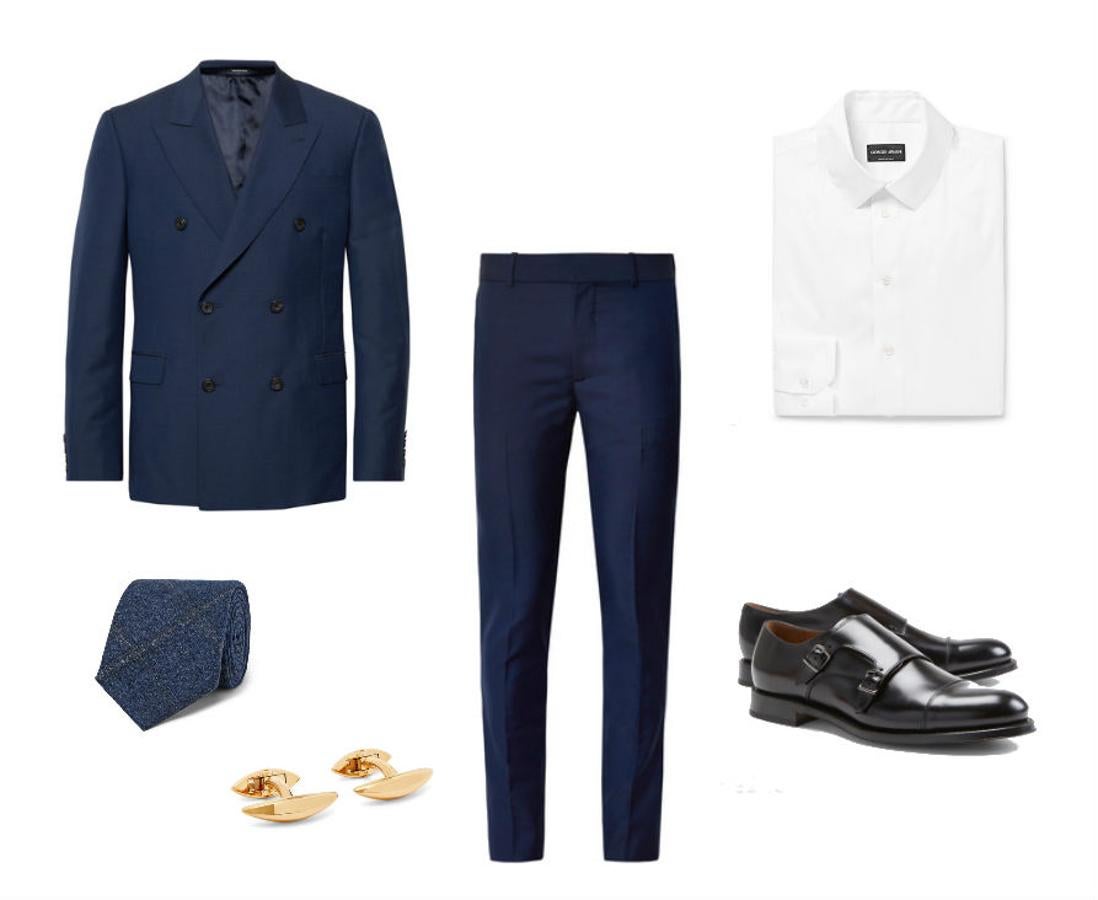 Look con traje de chaqueta cruzada para la cena de empresa. Como una estrella del cine de los años 50, atrévete a lucir americana cruzada como ésta de Alexander McQueen (Precio: 2050 euros) y acompáñala de un pantalón de la misma firma (Precio: 595 euros). Llévalo con una camisa blanca de Giorgio Armani (Precio: 445 euros), una corbata azul y gris de Altea (Precio: 185 euros), unos zapatos negros con hebillas de Brook’s Brothers (Precio: 528 euros) y gemelos dorados de Shaun Leane (Precio: 400 euros).