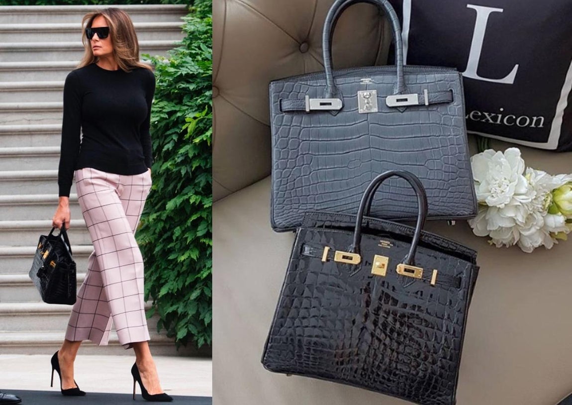 Piel de cocodrilo. Muy probablemente se trate de la pieza más lujosa en el armario de Melania Trump. El bolso Birkin de Hermès con piel de cocodrilo y en color negro es uno de los complementos más lujosos del mercado y que, por supuesto, la Primera Dama ya tiene consigo. Su precio alcanza los 44.000 euros y es uno de los bolsos favoritos de Melania.