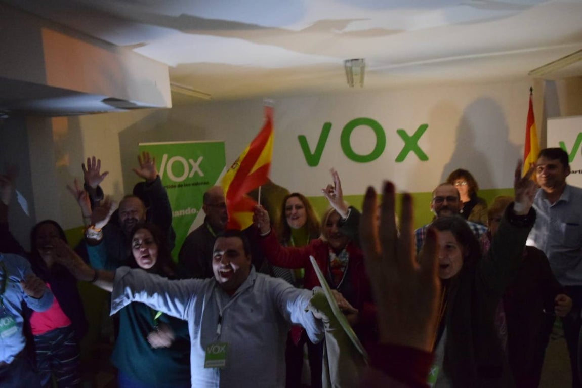 Vox Cádiz celebra con mucha energía y poca luz sus resultados en Andalucía