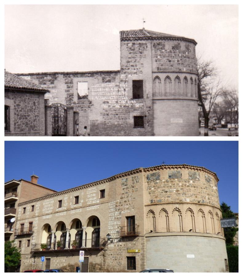 Vista lateral del ábside de San Lázaro en 1965. Foto. Colección F. Villasante y en 2018 (Foto Rafael del Cerro). 