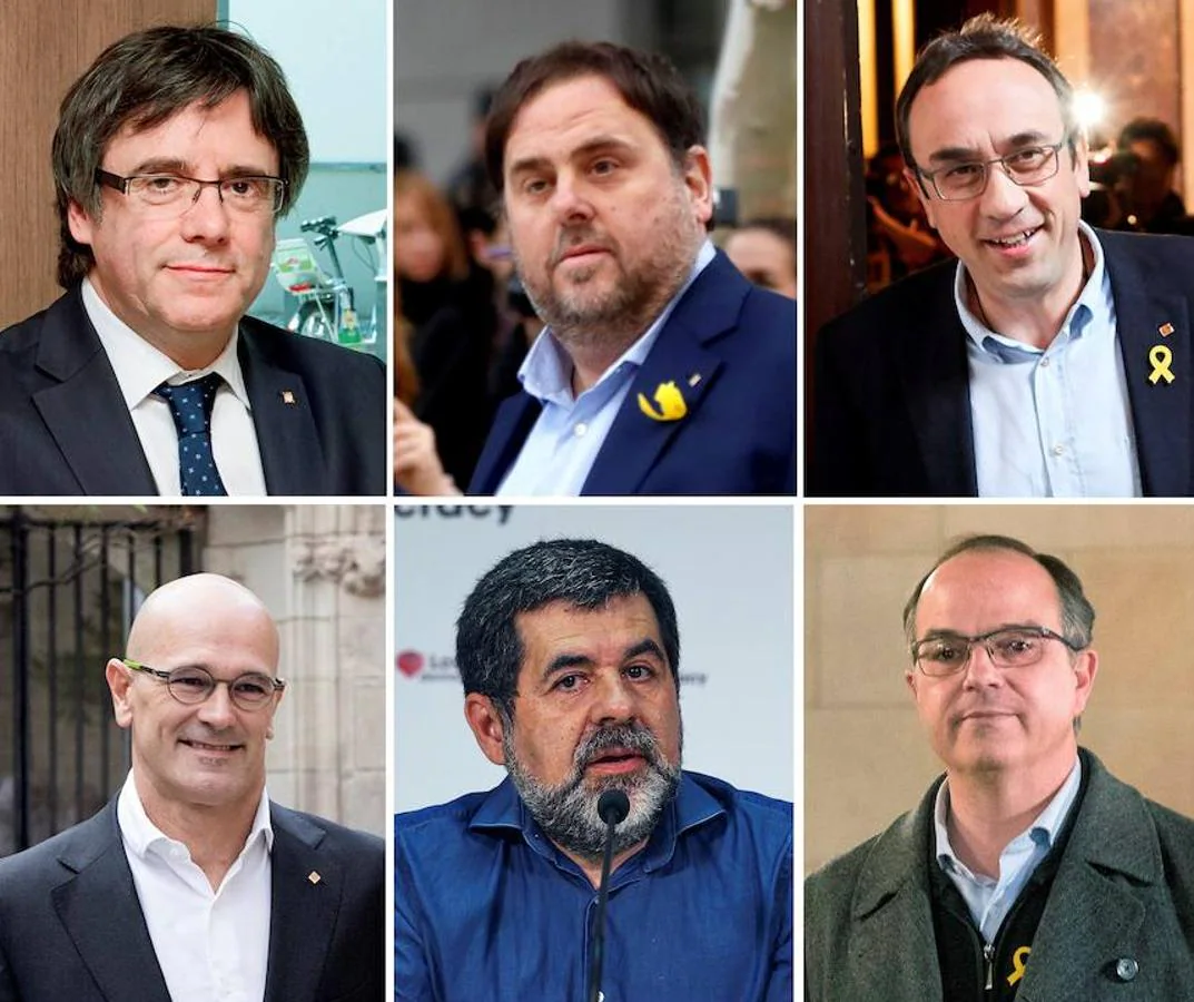 -Fotografías del expresidente de la Generalitat Carles Puigdemont y los cinco diputados catalanes enprisión; Oriol Junqueras, Josep Rull, Raül Romeva, Jordi Sànchez y Jordi Turull, todos ellos ingresadosen prisión. 