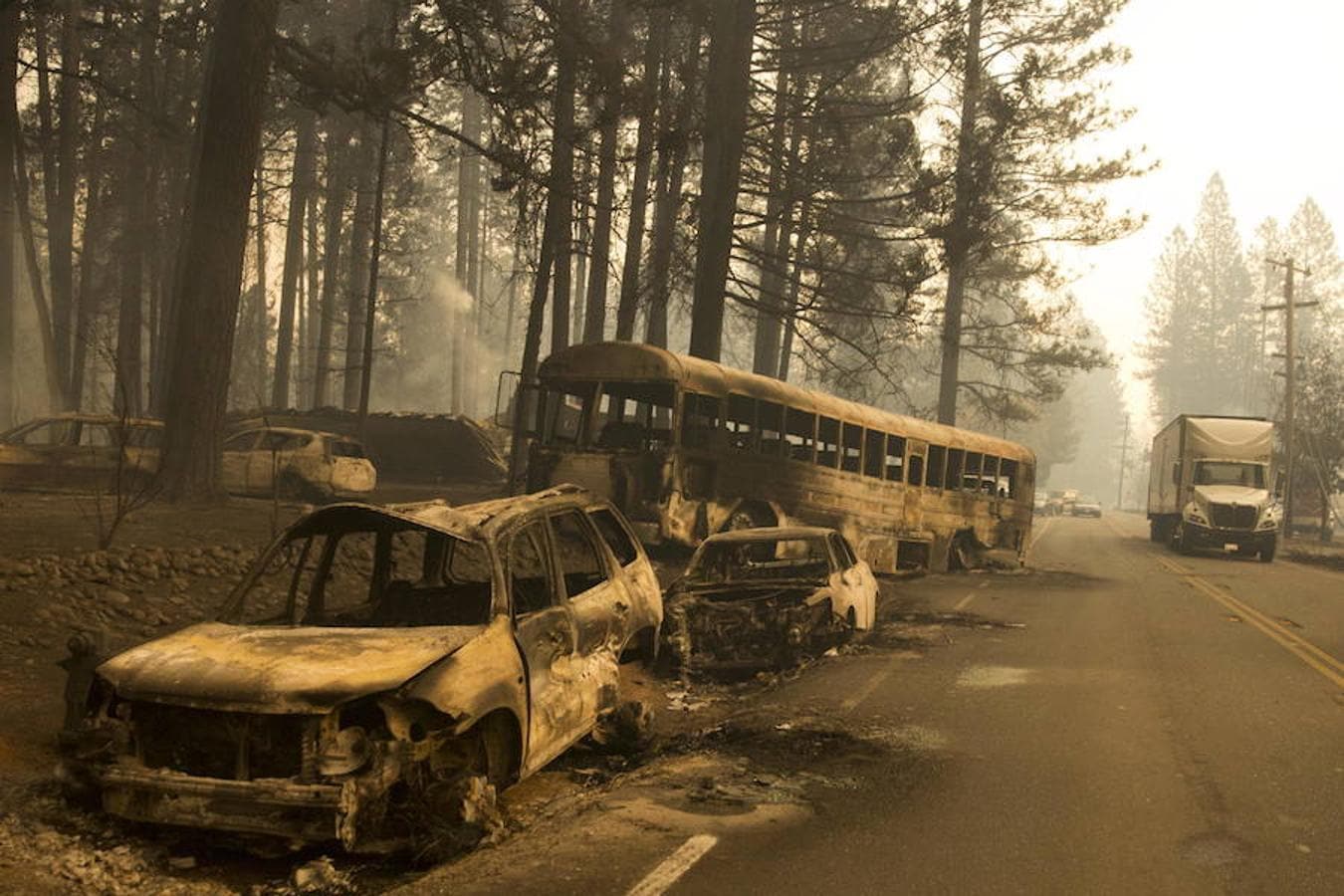 Coches calcinados y bosques arrasados tras los incendios de California. 