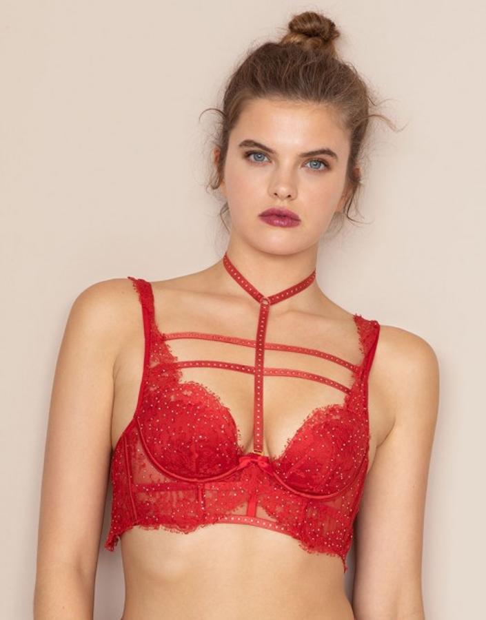 Se trata de una de las piezas más vendidas del momento. El sujetador escotado cuenta con copas con aros y una pequeña copa acolchada cubierta de seda, superpuesta con un hermoso encaje de seda. El sujetador está cubierto de cristales de Swarovski dorados y su precio es de 700 euros en Agent Provocateur.