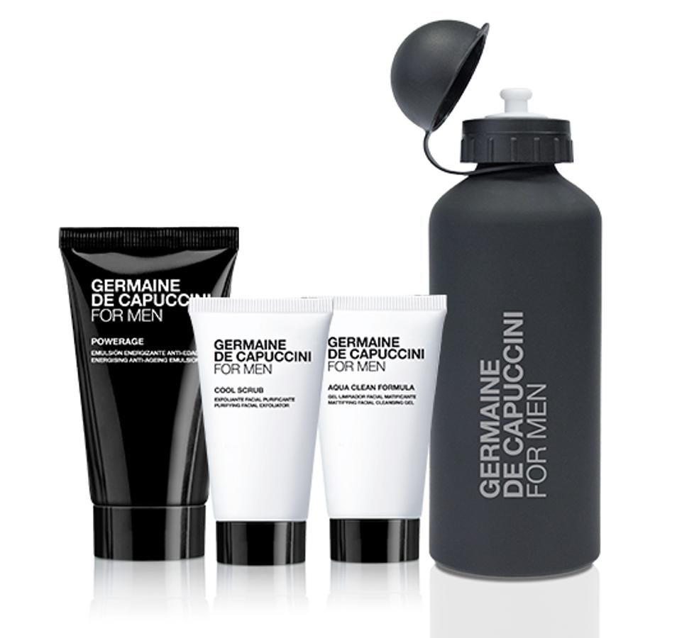 Para padres deportistas. Germaine de capuccini ofrece una gama de productos para cuidar, proteger, y preservar la juventud de la piel del hombre. PAra este Día del Padre, ofrecen la posibilidad de crear un pack personalizado con productos como su crema facial de hidratación activa Hydra-elements (46,50€), el concentrado recuperador de juventud Force revive (precio: 37,80€) o el exfoliante facial purificante Cool scrub (23,50€), entre otros. además de incluir en el pack una botella de aluminio personalizada ideal para su salidas deportivas.