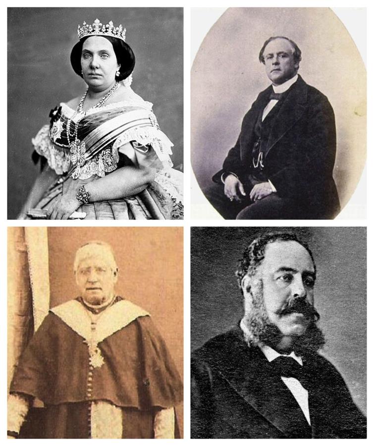 Protagonistas de la jornada vivida el 12 de junio de 1858. Isabel II, el marqués de Salamanca, el cardenal Alameda y Brea y el acalde de Toledo, García Ochoa. 