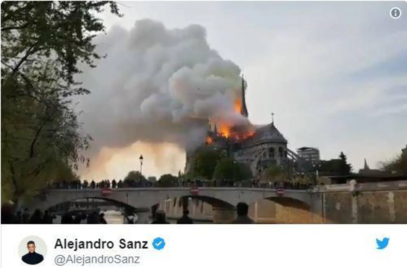 Alejandro Sanz: «Lloro porque hoy es un día triste para el arte, la historia, la arquitectura, para la perfección creada por el hombre…Notre Dame está sufriendo el peor de sus enemigos...». 