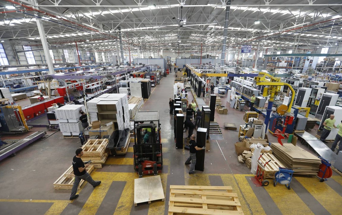 Vista panorámica de una de las grandes plantas de montaje de Efficold. En primer plano están las últimas etapas de la cadena, incluyendo el empaquetado.