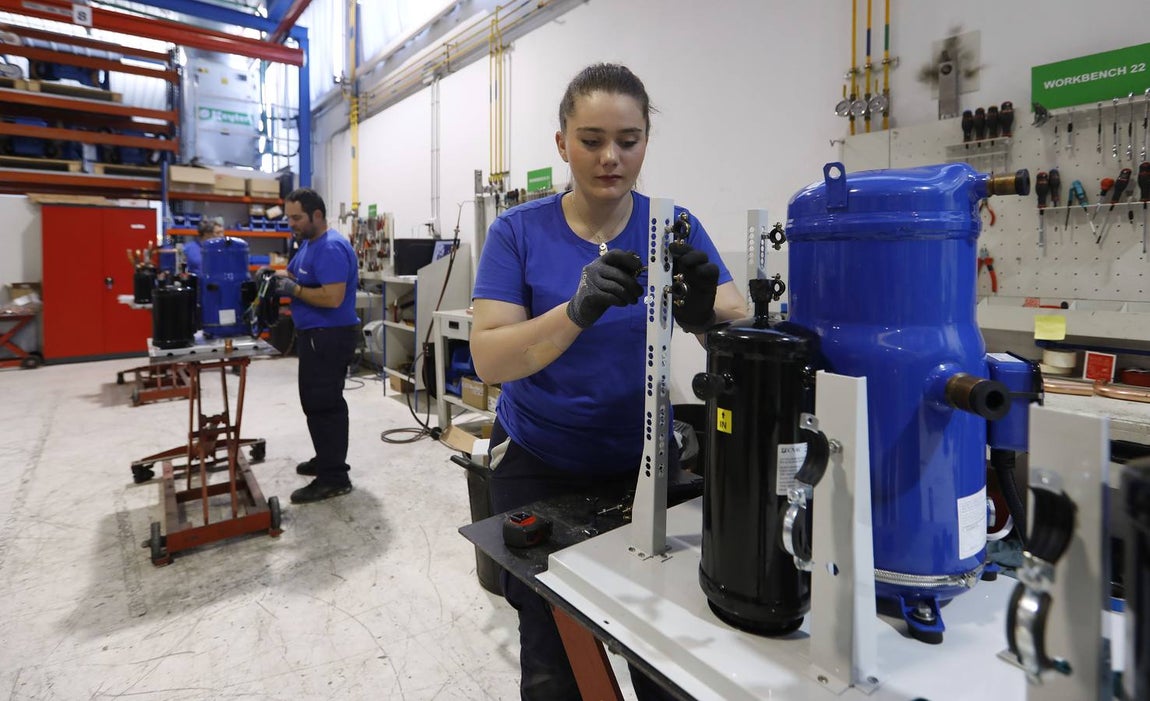 Trabajadores de Intarcon montando compresores. Son uno de los pocos componentes que ya llegan montados a la fábrica de Lucena, casi todo lo demás se fabrica en alguna de las naves.