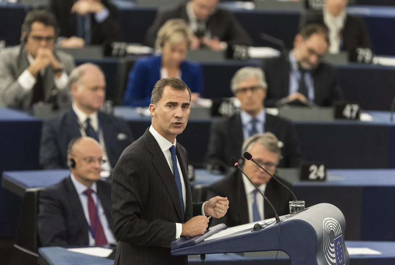 El Rey, durante su discurso ante el Parlamento Europeo en Estrasburgo el 7 de octubre de 2015. 