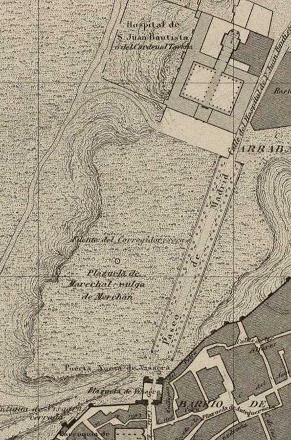 Explanada de Merchán antes de las reformas iniciadas en 1865. Plano de F. Coello y M. Hijón (1858). Archivo Municipal de Toledo. 