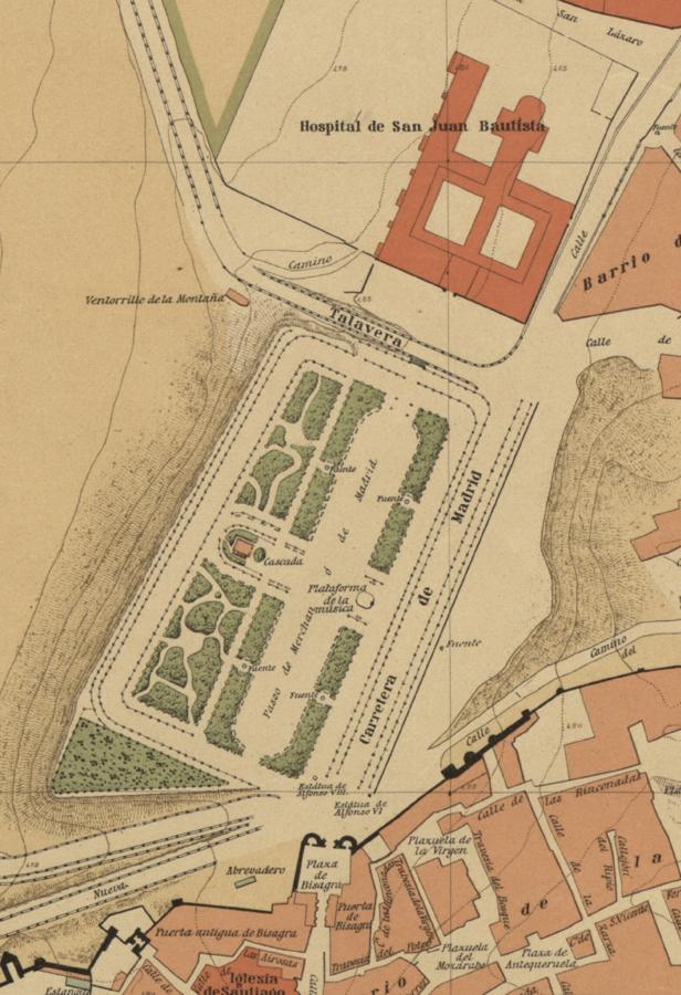 El paseo de Merchán con su trazado original recogido en un plano del Instituto Geográfico y Estadístico de 1909. Archivo Municipal de Toledo. 