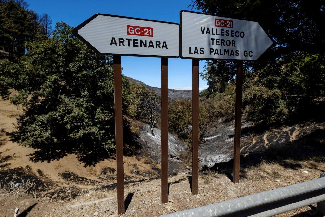 Uno de los muchos cruces afectados por el incendio de la cumbre de Gran Canaria, los cuales fueron cortados y poco a poco se están reabriendo al tráfico. 