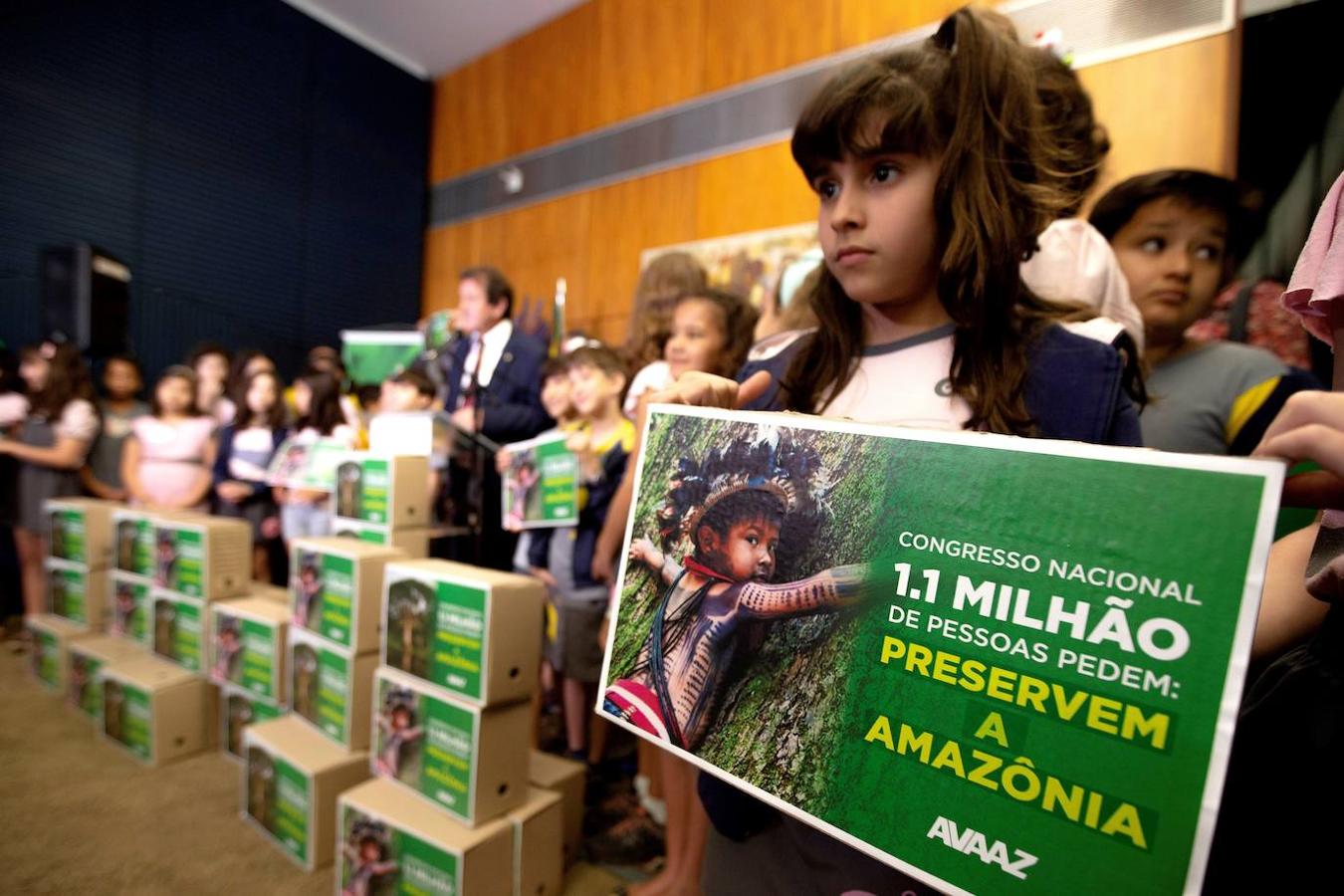 Una niña posa con un cartel en el que se lee: «Congreso nacional 1.1 millón de personas piden: Preservar el Amazonas» durante la entrega por parte de la ONG AVAAZ de más de un millón de firmas pidiendo el aumento de las protecciones legales de los territorios de esta región. 