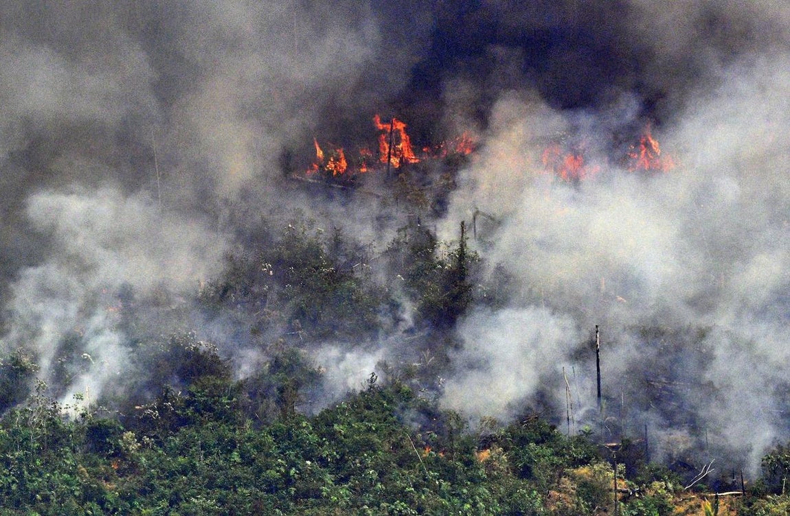 Imagen aérea que muestra el humo de un tramo de fuego de dos kilómetros de largo que se eleva desde la selva amazónica a unos 65 km de Porto Velho, en el estado de Rondonia, al norte de Brasil. 