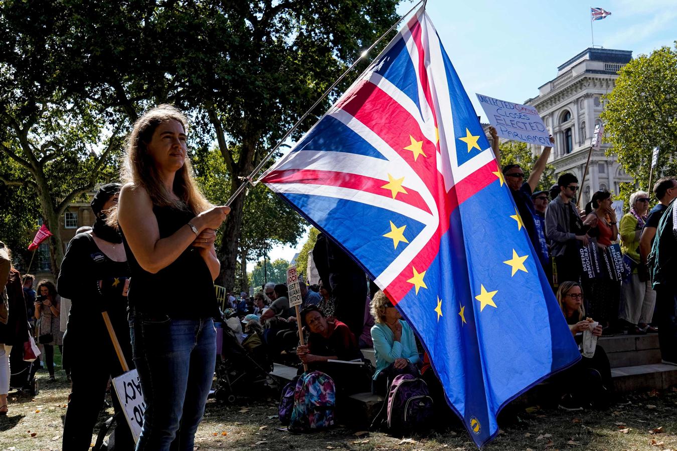 Muñecos con la cara de Boris Johnson y decenas de banderas europeas: así están siendo las protestas del Reino Unido