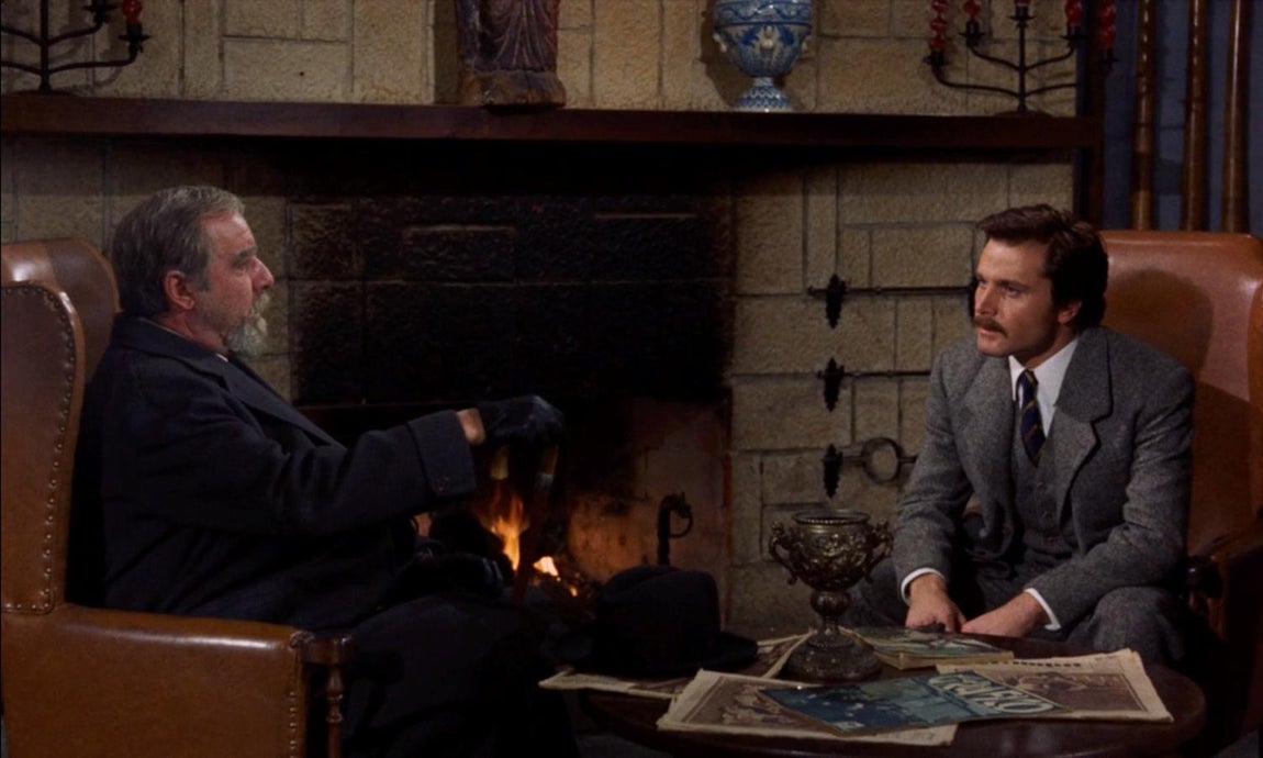 Fernando Rey y Franco Nero en la escena rodada en el vestíbulo del Hotel del Lino. Fotograma de Tristana. 